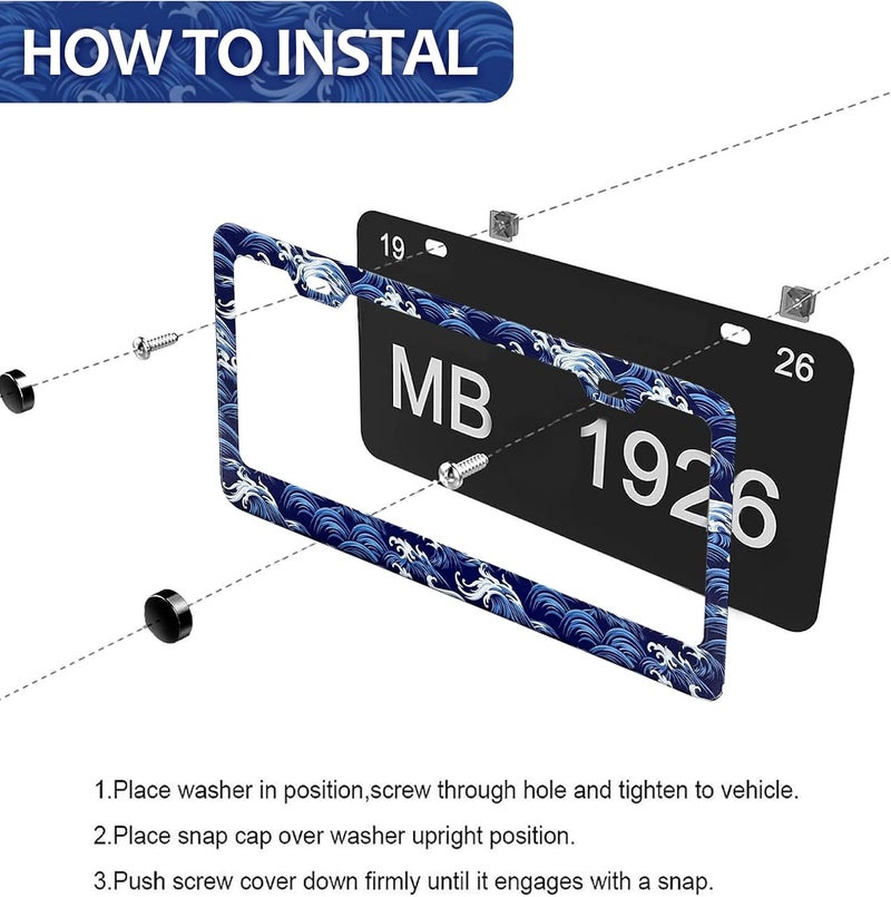 LIN KANG Ocean Waves License Plate Frame - 2 Pack Blue and White Sea Wave Aluminum License Plate Holder Covers, Car Decorative Tag Frames for Standard US Canada 12x6 Inch with Screw Caps - Image 3